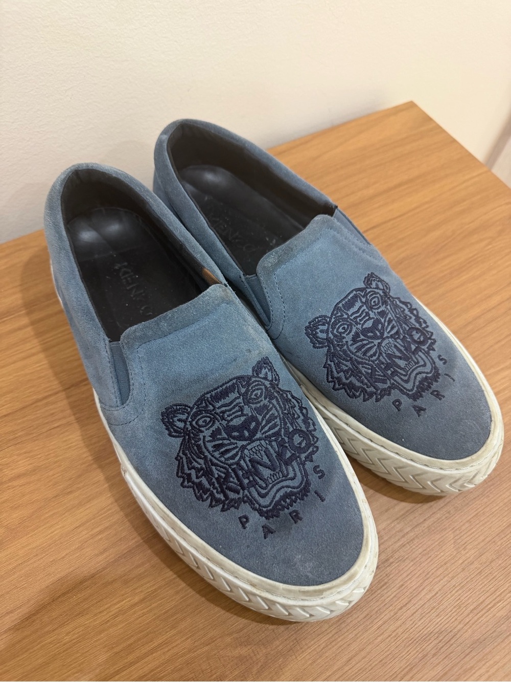 Kenzo Slate Blue Suede Slip-On Loafers with Embroidered Tiger